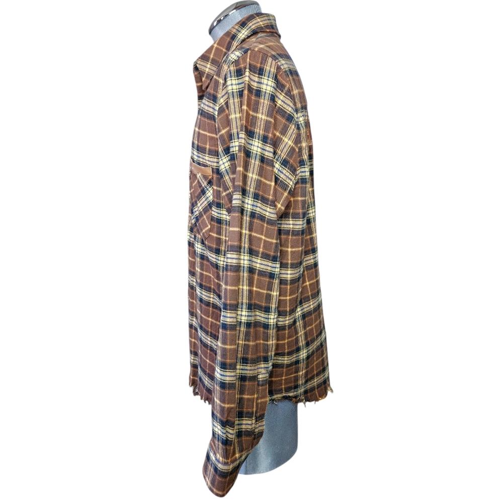 Amiri | Leather Logo Flannel Button Down Shirt | Brown | Mens | Size Large - Picture 10 of 16